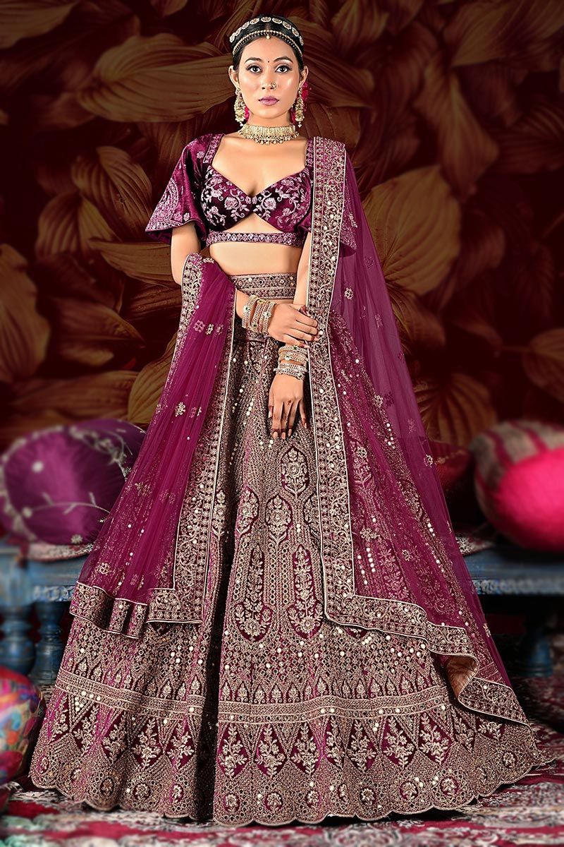 Wedding Wear Dark Purple Velvet Embroidered Lehenga