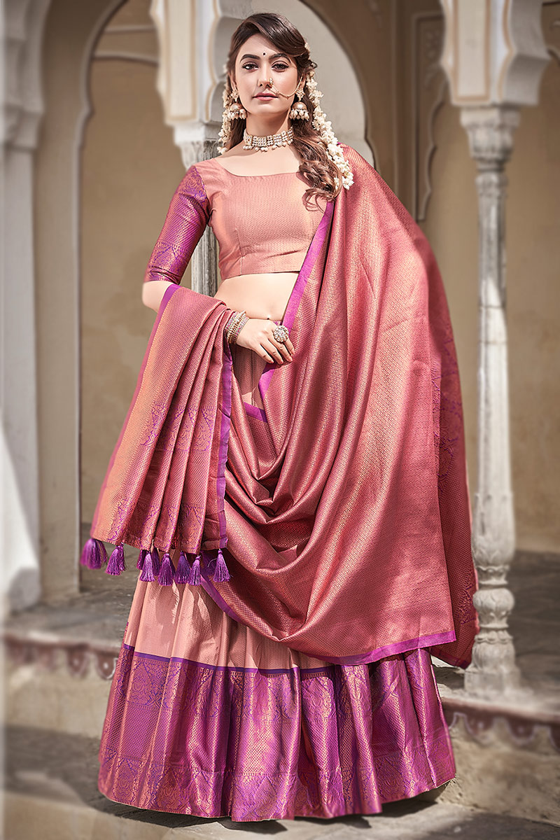 Buy Wedding Wear Dusty Pink Silk Woven Zari Lehenga LLCV116186