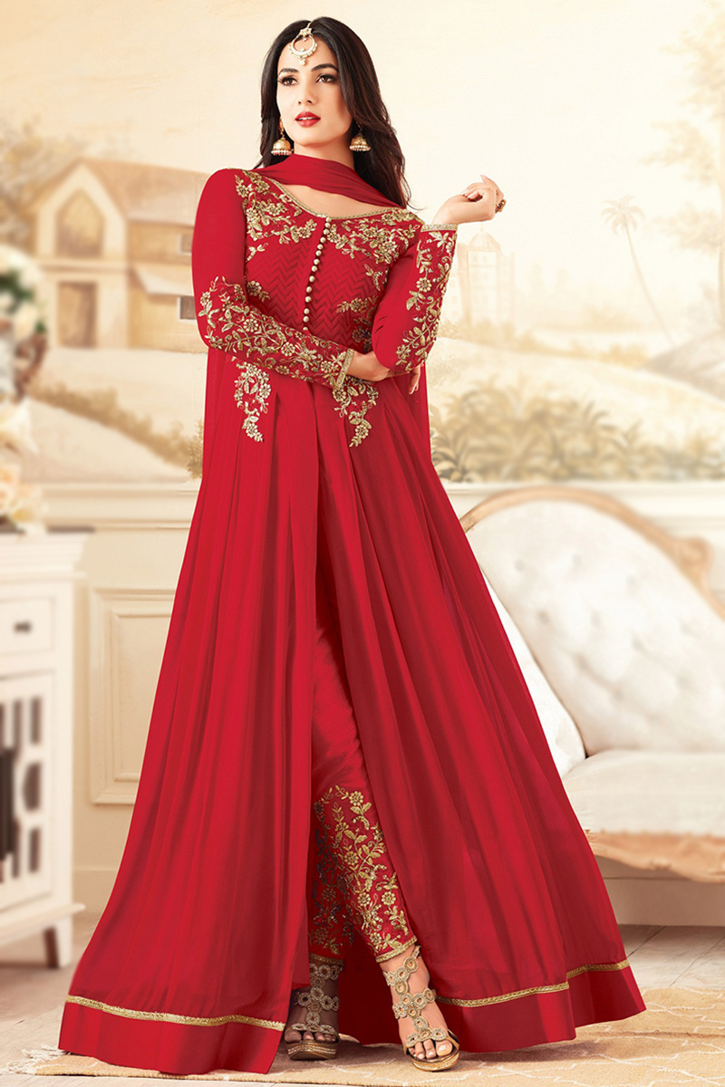 Wedding Wear Embroidered Ruby Red Georgette Cigarette Pants Suit