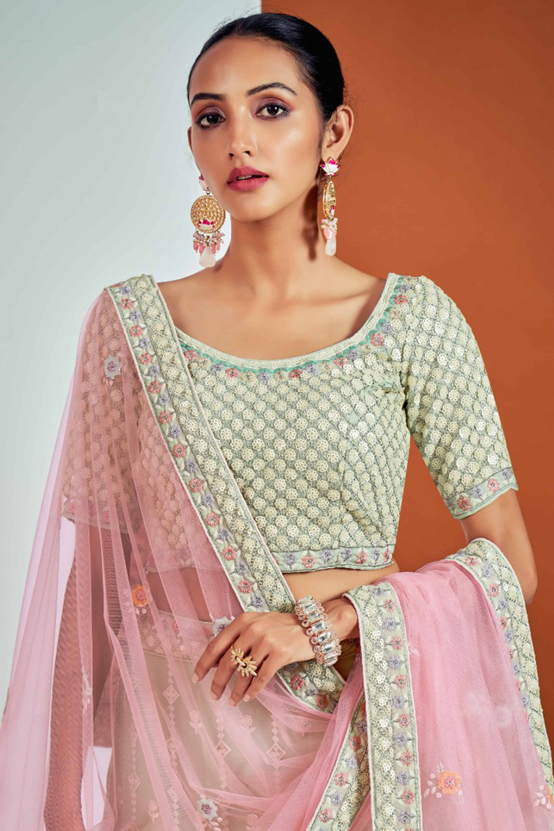 Pistachio Green Art Silk Embroidered Reception Wear Lehenga Choli