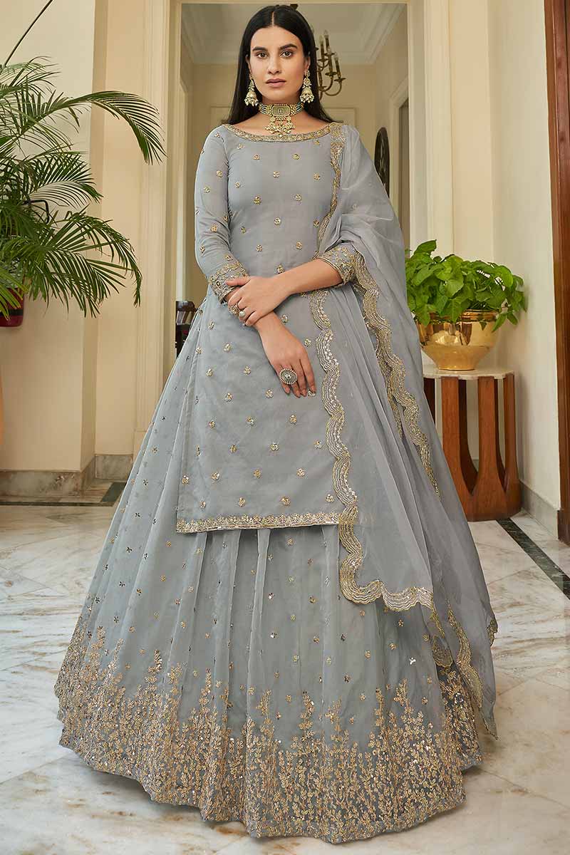 grey embroidered dress Grey Mirror Work Embroidery Round-Neck Straight Dress – Maxim Creation main image 0
