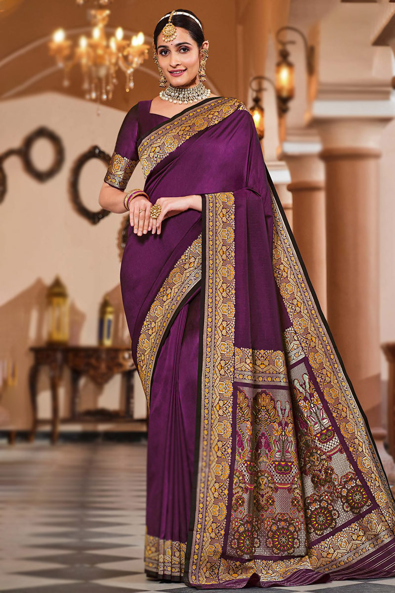 Plum Banarasi saree store silk organza Party wear saree fancy designer Occasional Wear Party Wedding Sari Wear with Running Blouse