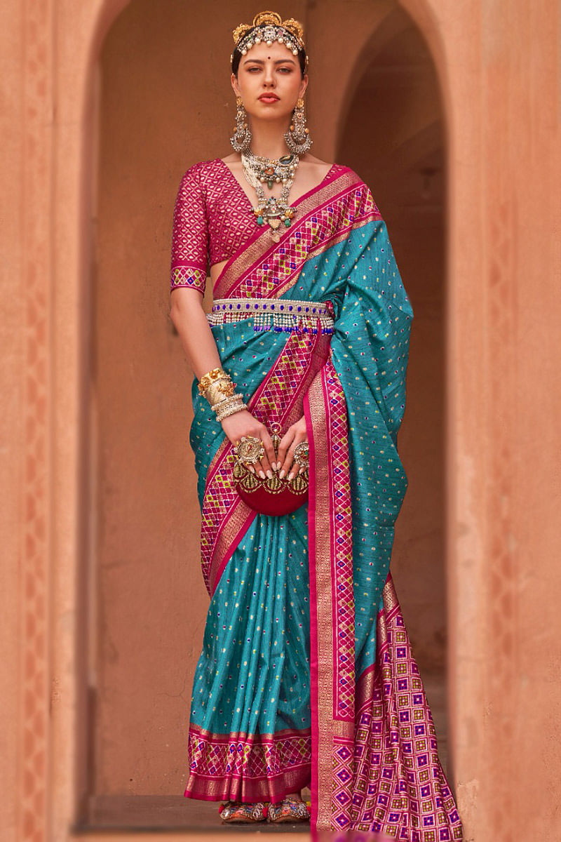 Wedding Wear Teal Blue Silk Woven Zari Saree