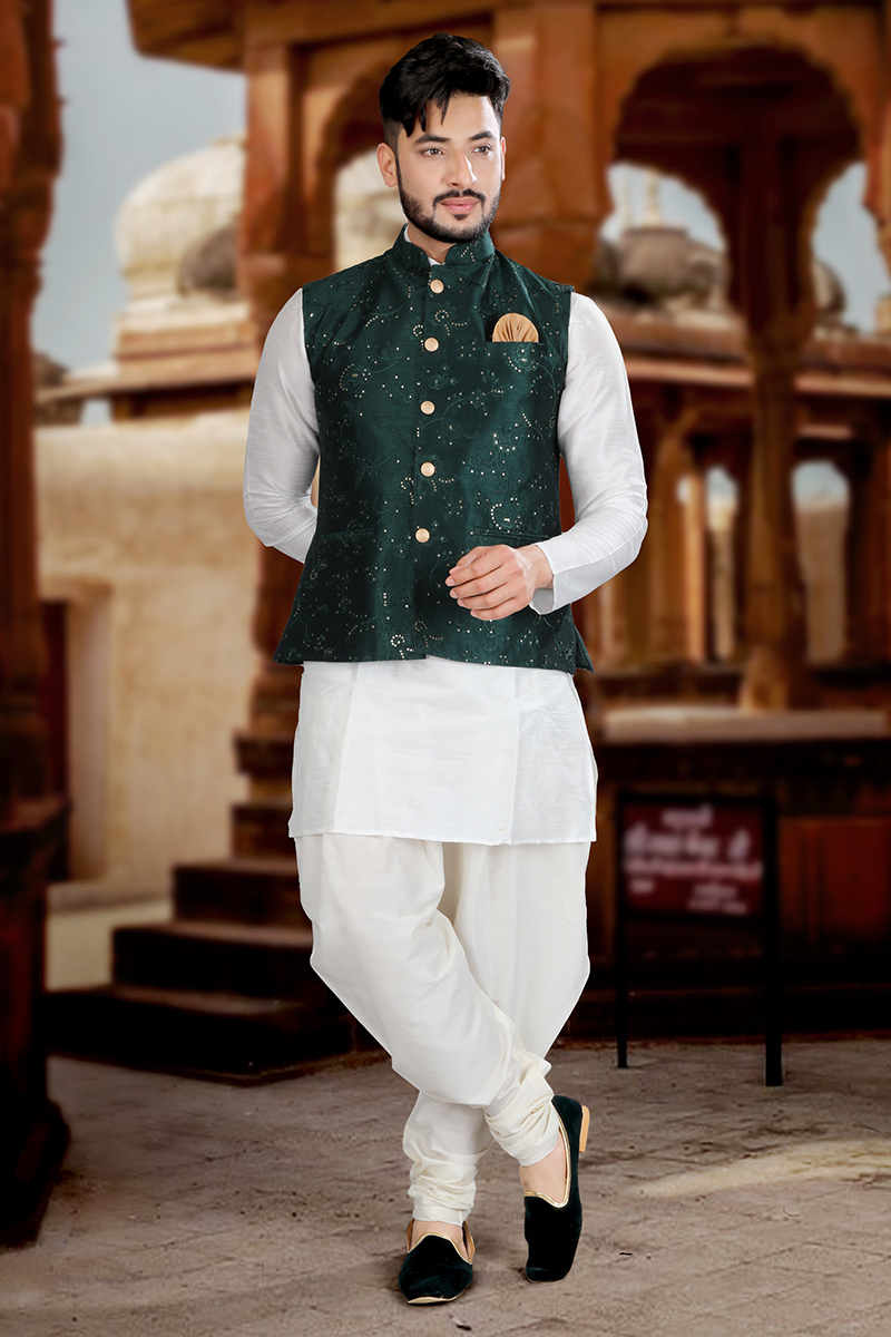 White Men Kurta Kurta Dhoti With Waist Coat MKPA03901