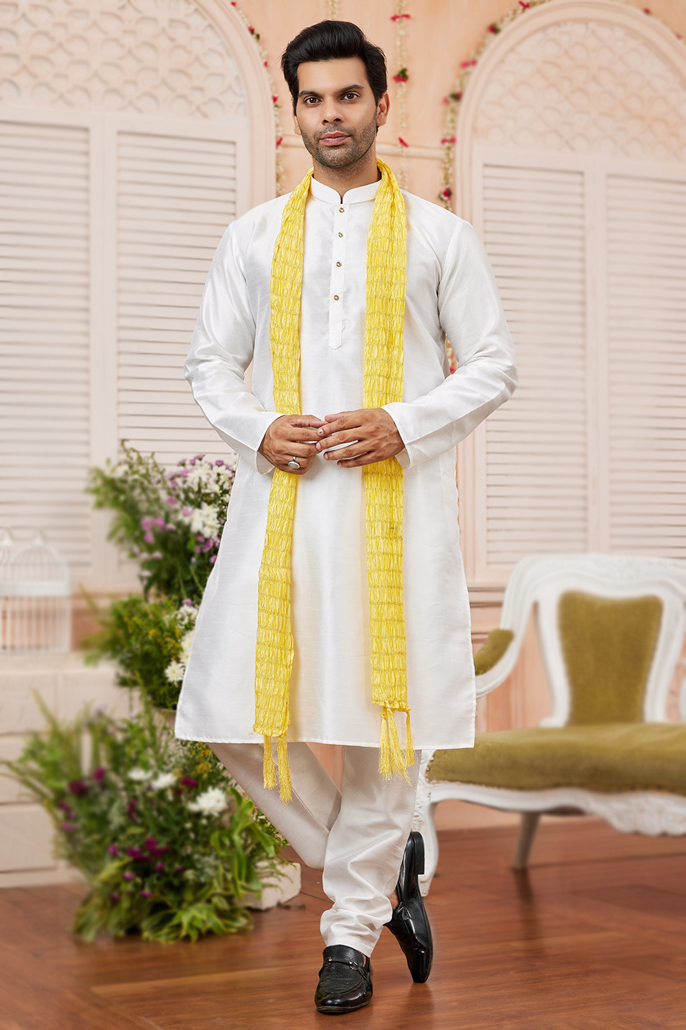 White Kurta Pajama With Yellow Turban Turban Matching With White
