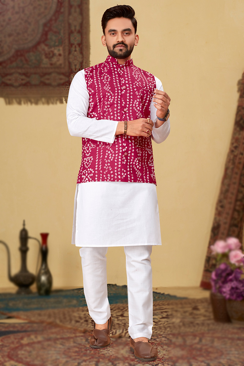 White Cotton Men's Kurta Pajama With Bandhej Print Jacket MKPA07330