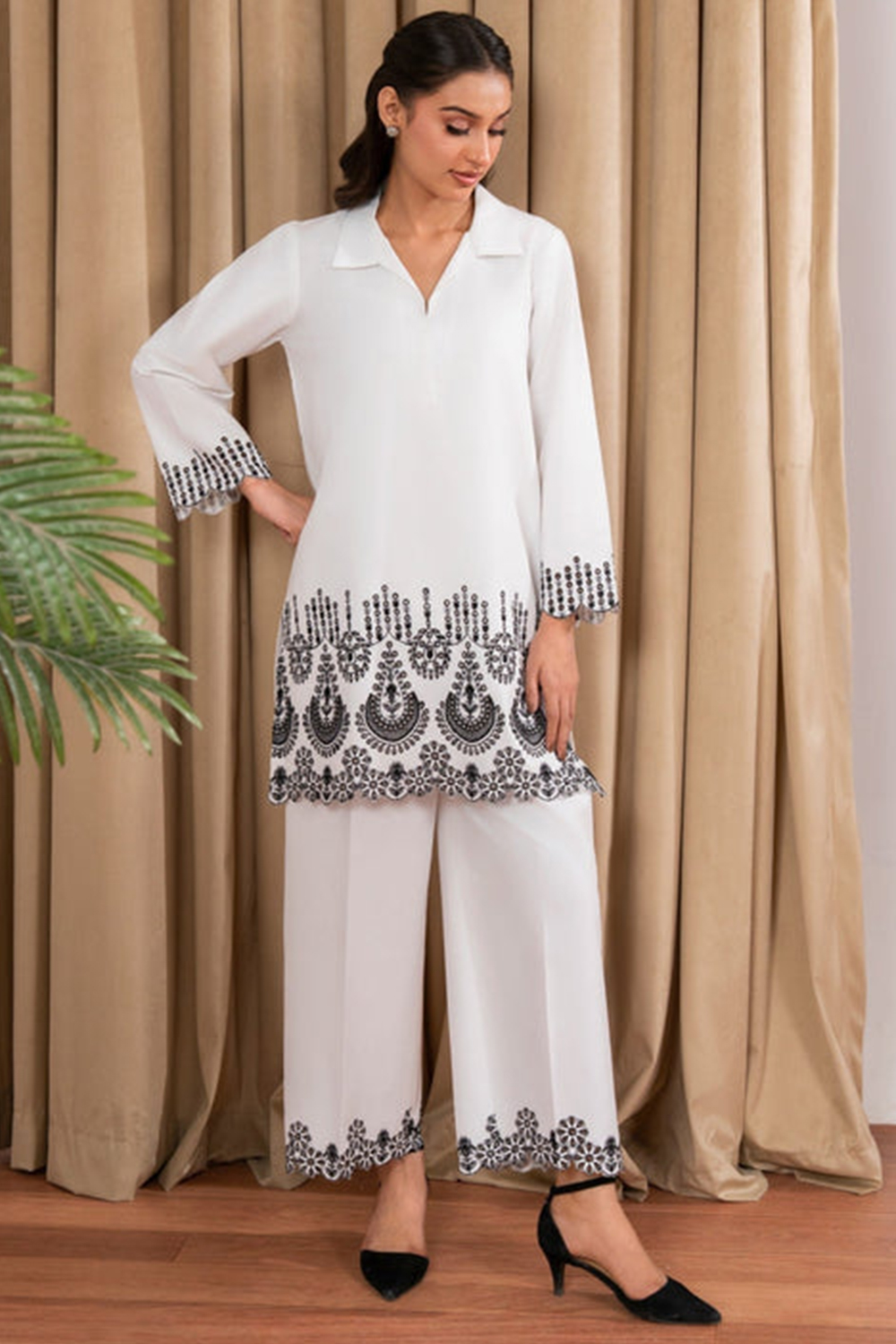 White Cotton Palazzo Suit with Resham Work for Eid LSTV138354