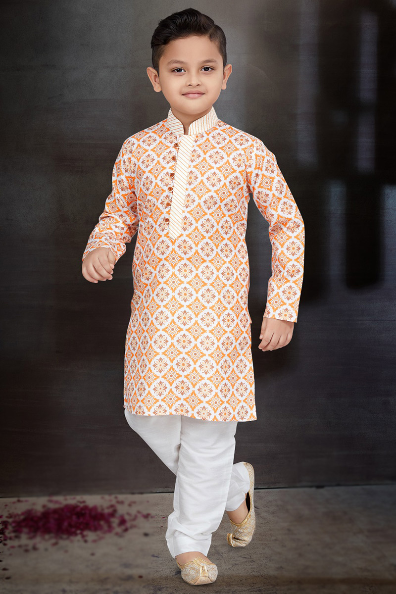 White Cotton Printed Boy s Kurta Pajama