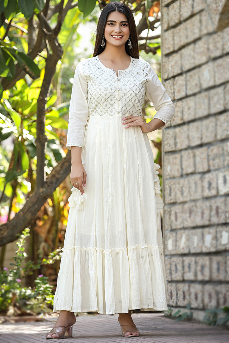 White Cotton Zari Embroidered Frock Style Gown LSTV129395