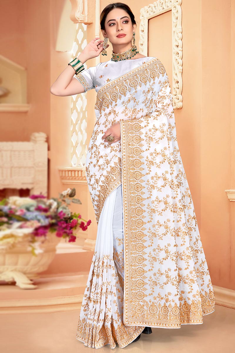 Designer Fashions White Georgette Embroidered Saree SARV143262
