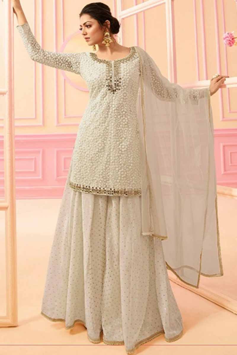 Buy Resham Embroidered Silk White Sharara Pant Suit Online 
