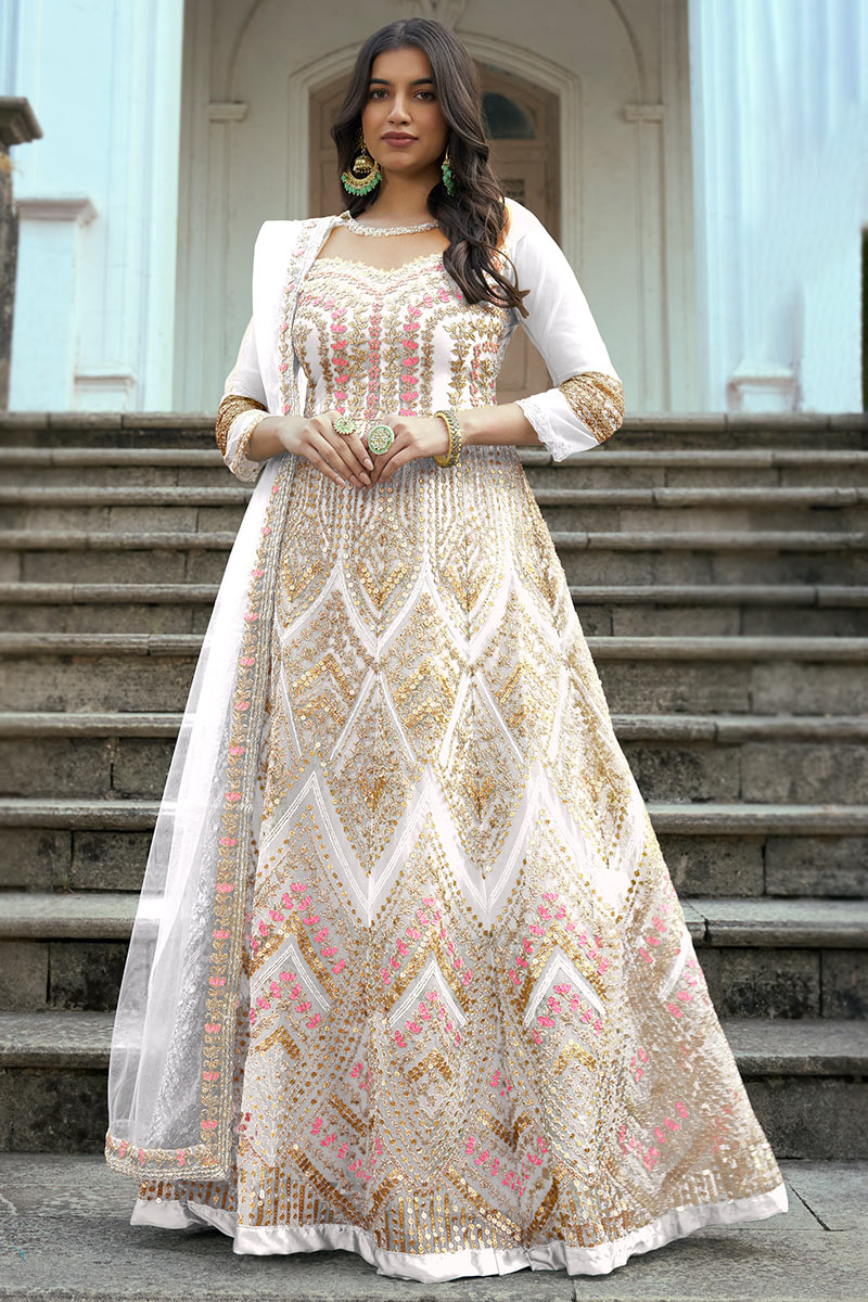 Lowest Price White Anarkali Suit with Dori Work LSTV122558
