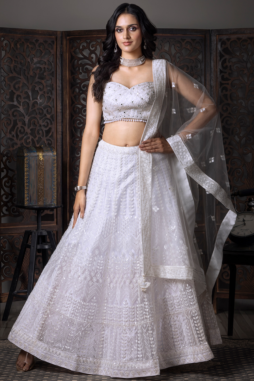 Andaaz Fashion Women's White Net Ready to Wear Lehenga With Sequins Work For Festival Andaaz Fashion Women's White Net Ready to Wear Lehenga With Sequins Work For Festival