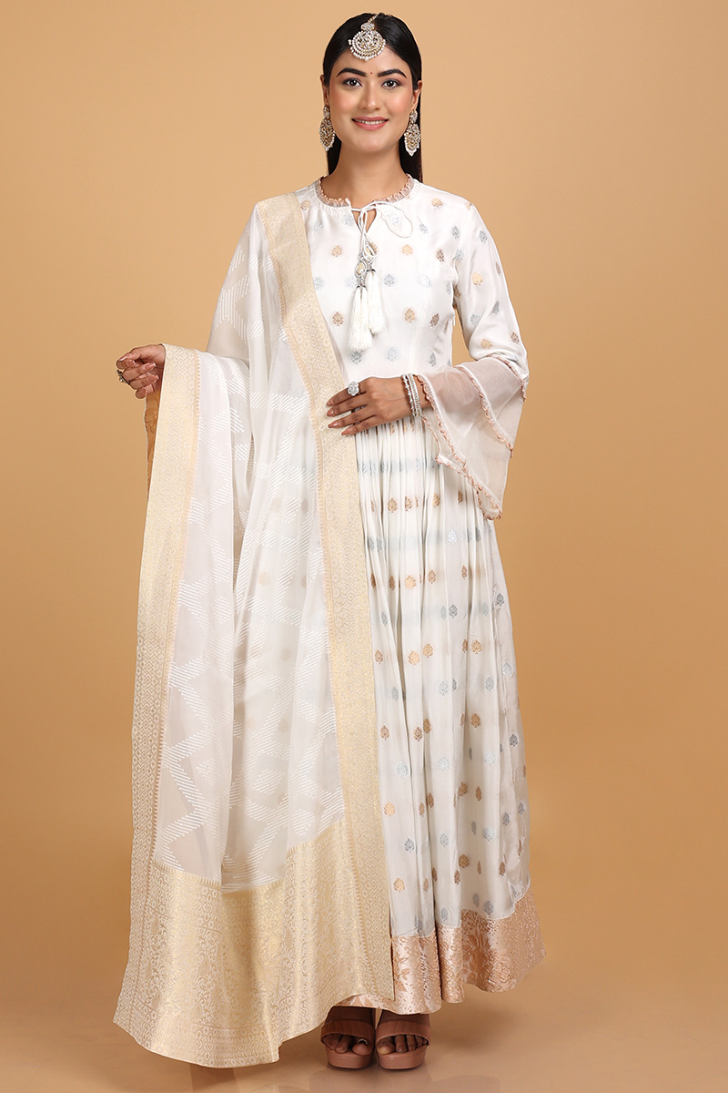 White Full Flare Anarkali Suit with Golden Embroidered Dupatta