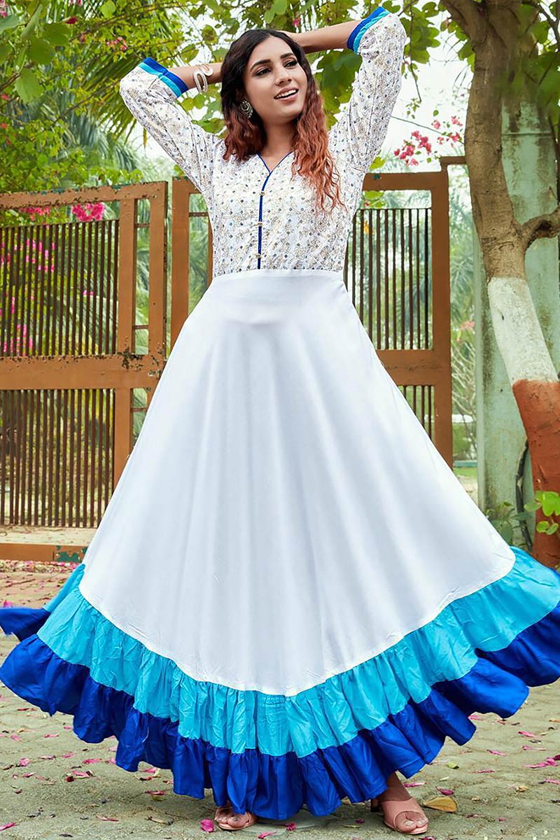 Indian handmade online riyon foil printed gown designer anarkali long frock handmade beautiful full stiched kurti for girls and women free shipping