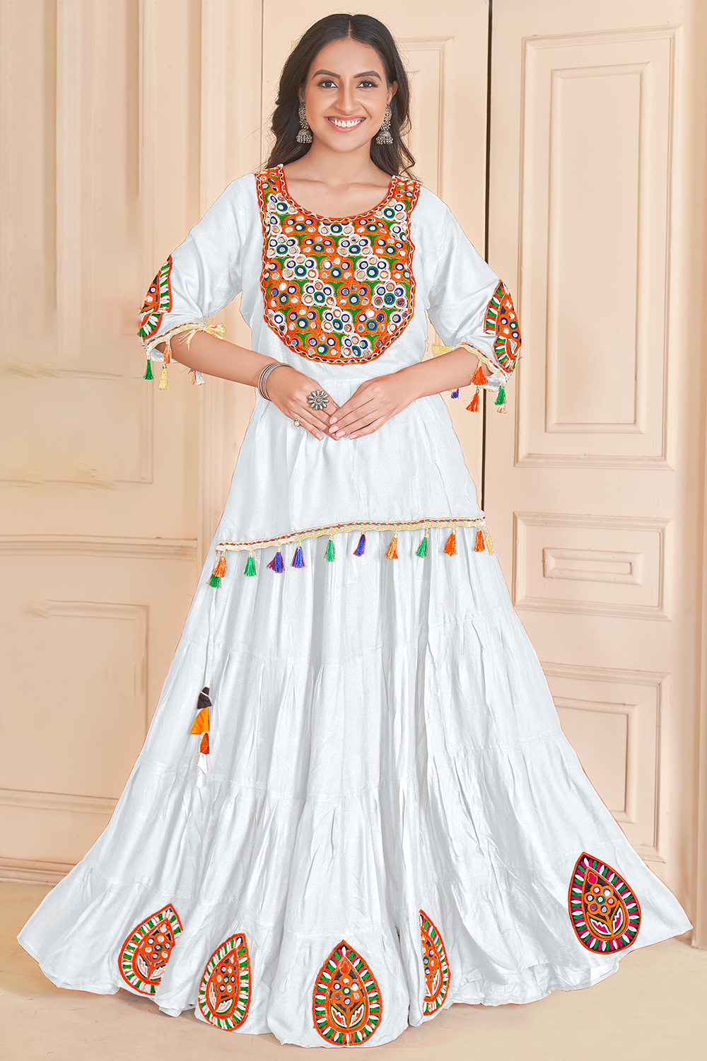 White Rayon Embroidered Flared Style Lehenga LLCV119644