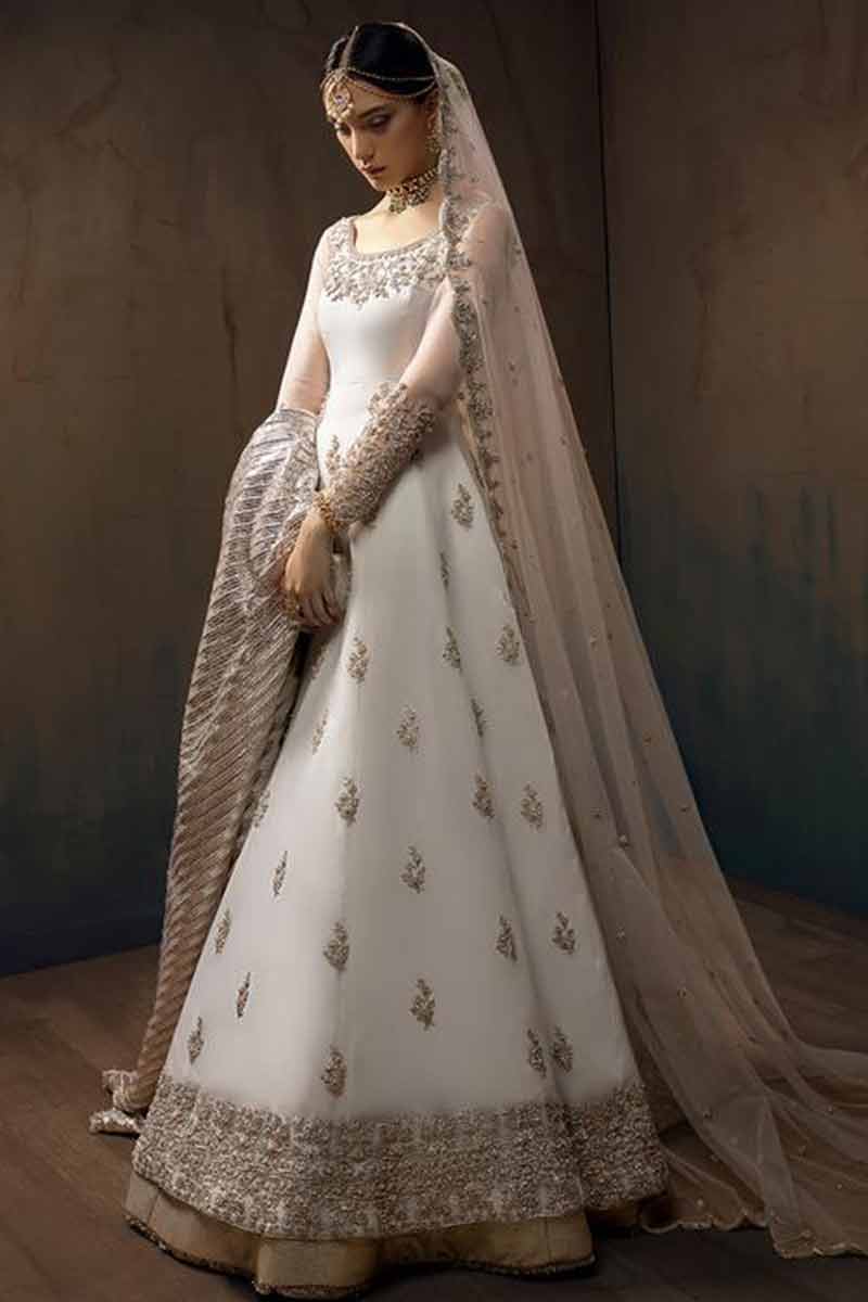 Anarkali gown from India, embroidered top with dupatta, white self embroidered organza dress, indian ethnic wear, scallops in flare selling