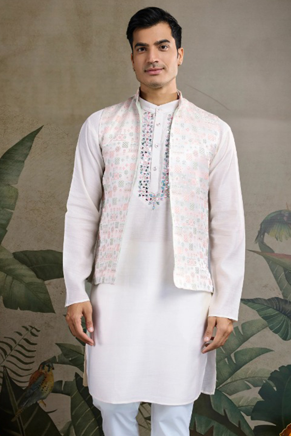 White Silk Embroidered Men's Kurta Jacket for Diwali Wear MKV001063