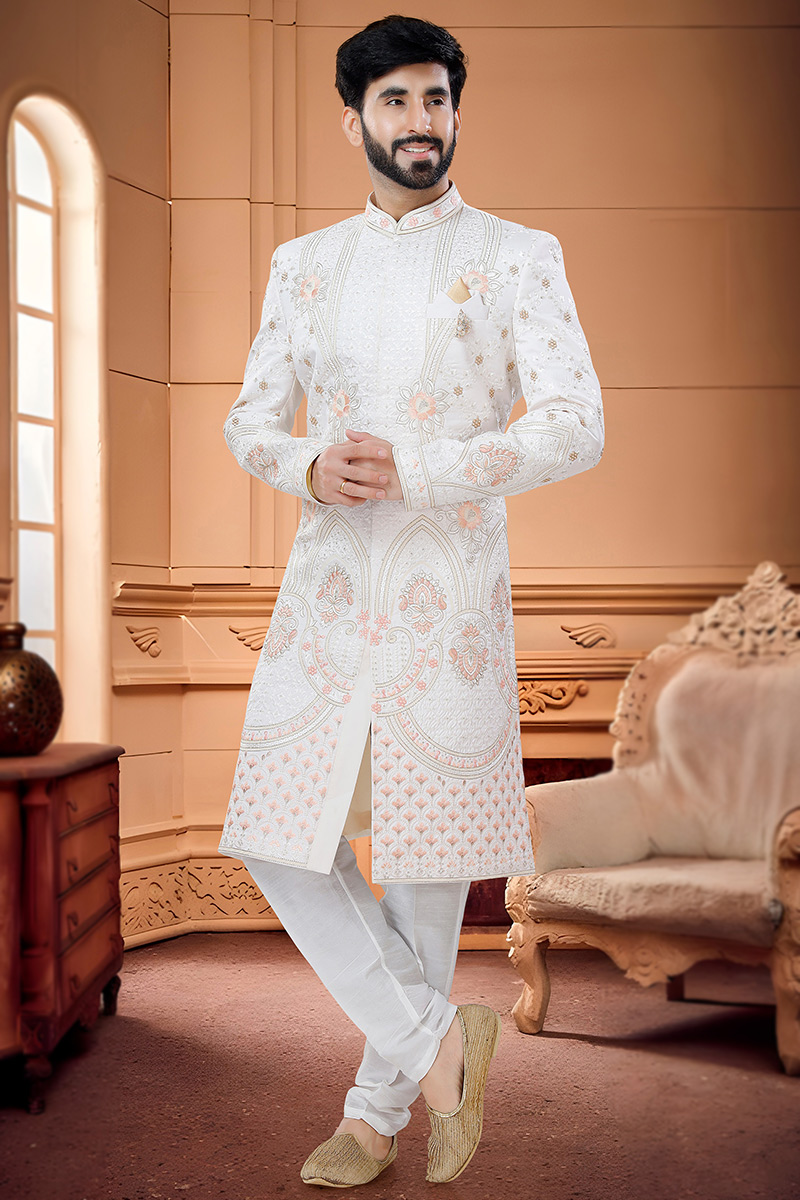 Trendy White Silk Embroidered Men's Sherwani MSTV01539