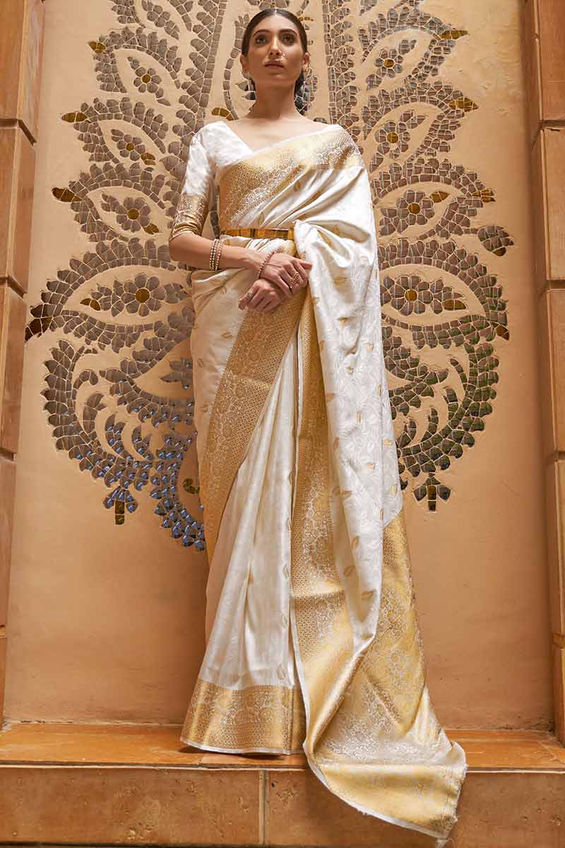 Fashionable White Silk Saree With Woven Zari Work|SARV117670