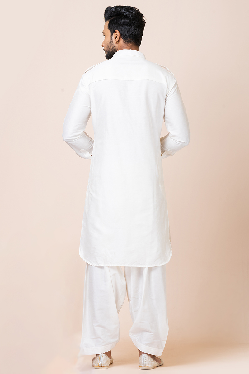 White Kurta Pajama For Men Turquoise Embroidered Kurta Pajama For