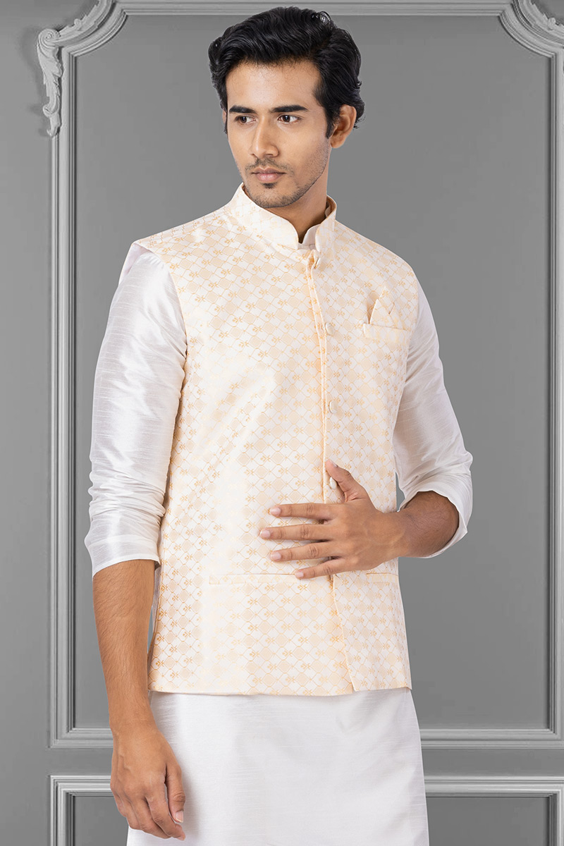 Buy White Silk Woven Zari Men's Waist Coat MWCV061