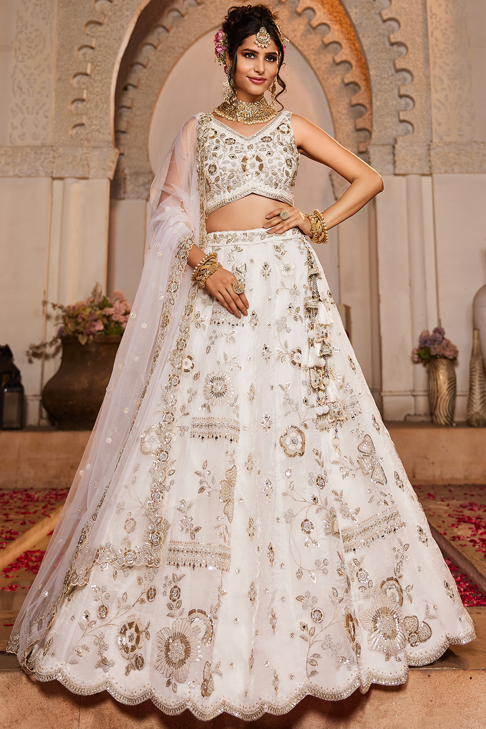 slim fit dress slacks Off White Floral Printed With Stone Work Georgette Gown main image 0
