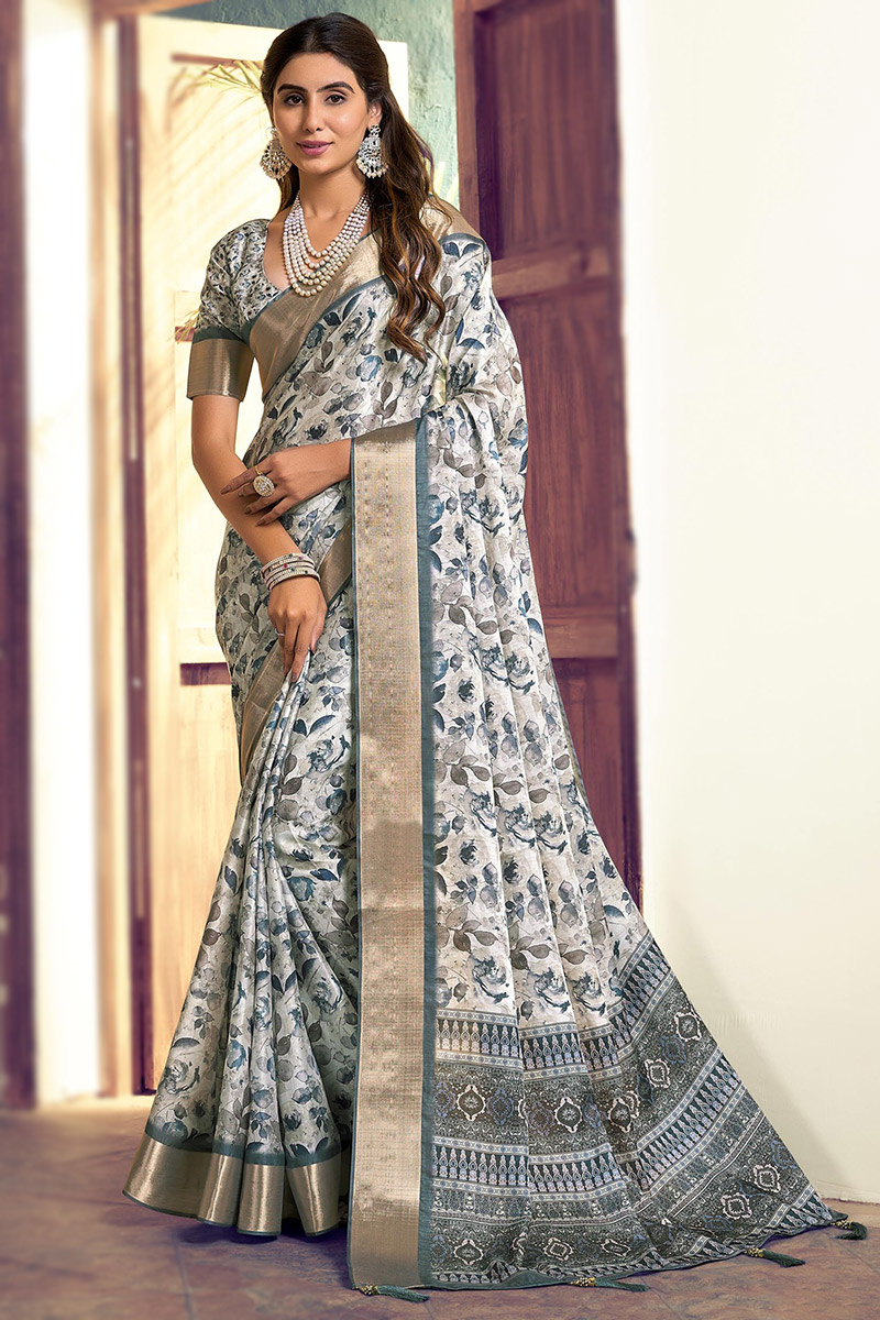 White Tussar Silk Printed Casual Wear Saree