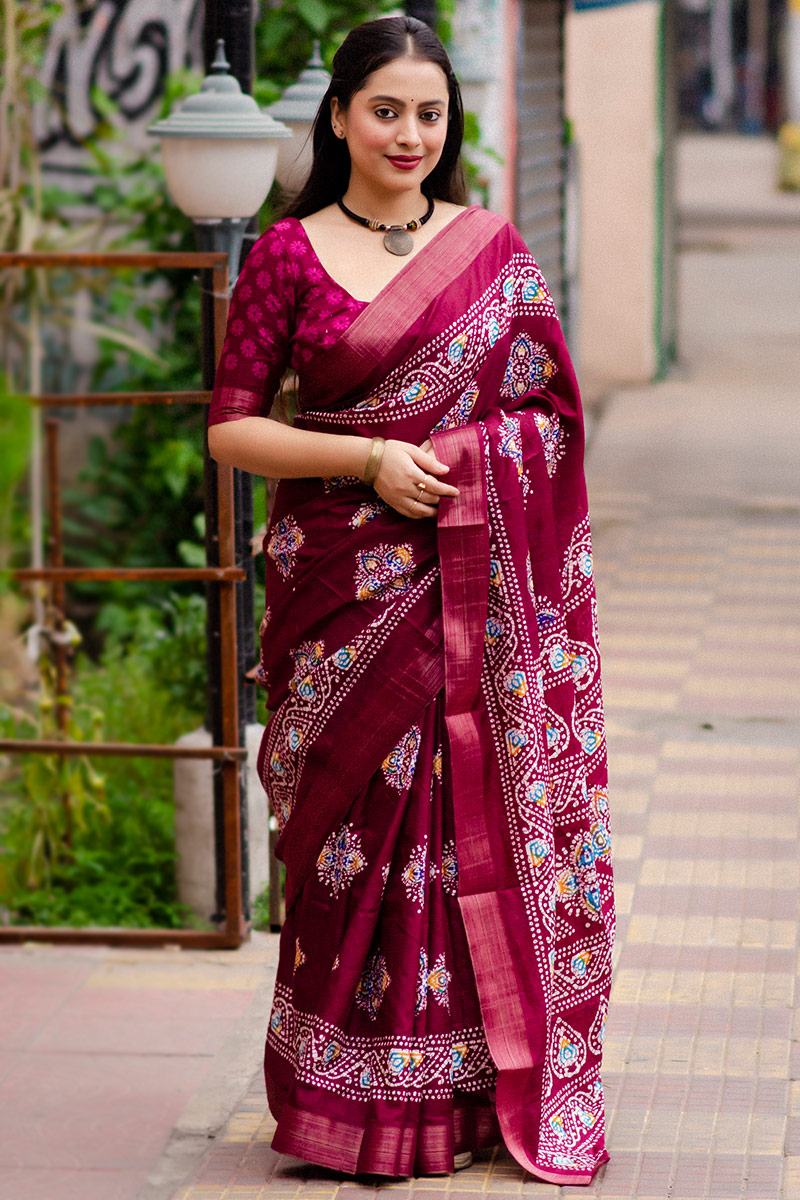 Wine Maroon Casual Wear Batik Print Silk Saree SARV162806