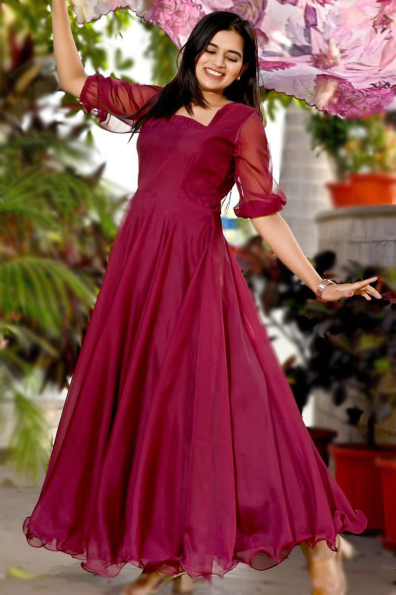 Wine Maroon Casual Wear Organza Flared Style Gown