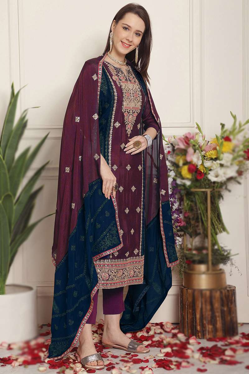 Brown Chinnon Silk Embroidered Wedding Wear Suit