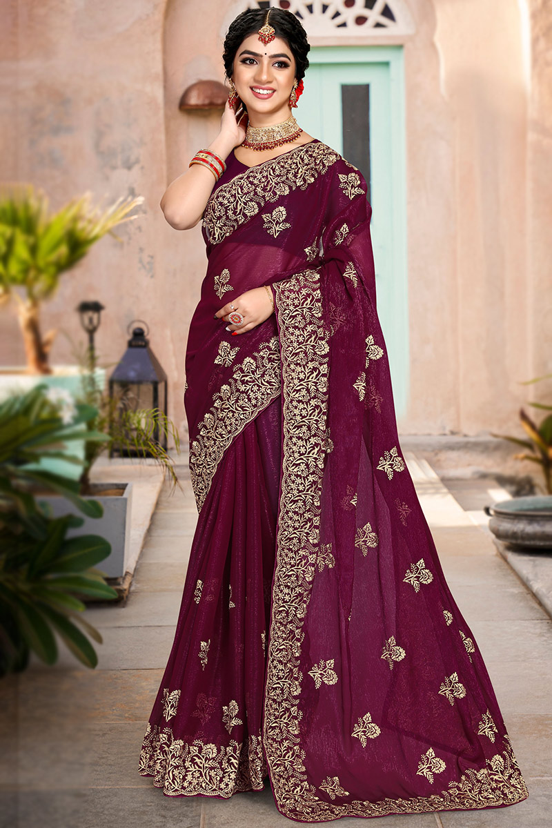 Maroon embroidery saree cheapest