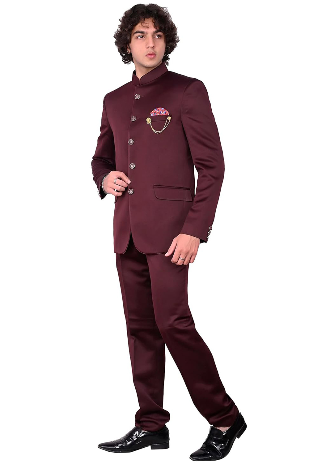 Wine Maroon Polyester Plain Jodhpuri Style Men's Coat Pant MSTV04073