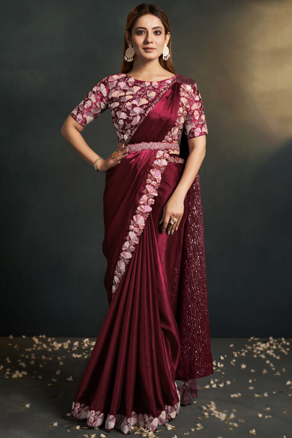 Wine Maroon Satin Embroidered Light Weight Readymade Saree SARV184542