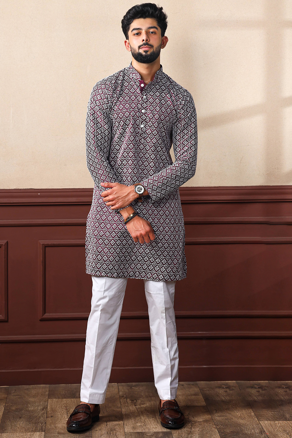 Wine Maroon Silk Resham Embroidered Men's Kurta Pajama MKPA08178