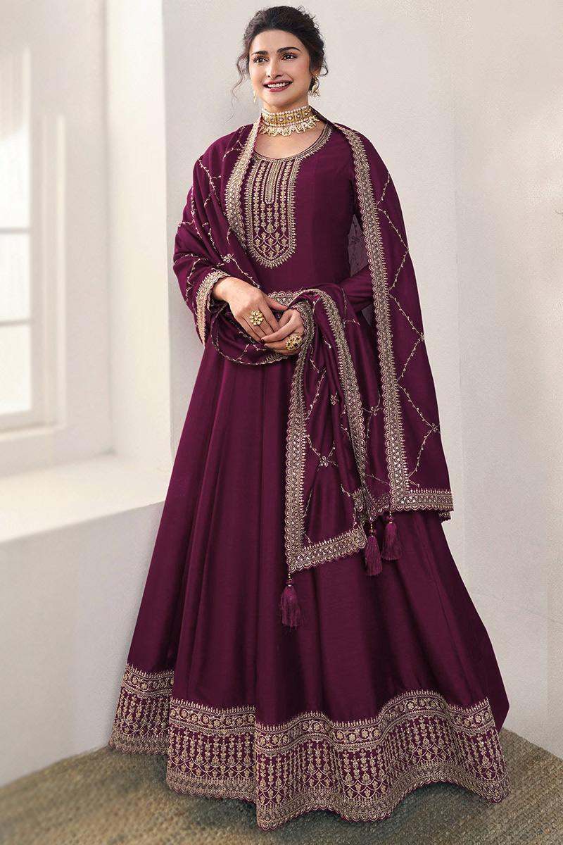 Wine Maroon Silk Zari Embroidered A Line Anarkali Suit LSTV129194