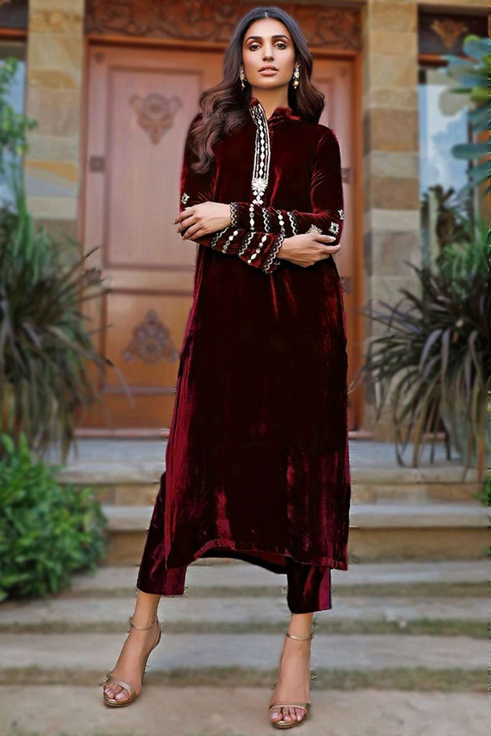 Andaaz Fashion Women's Dark Maroon Velvet Embroidered Pakistani Trouser Salwar Kameez