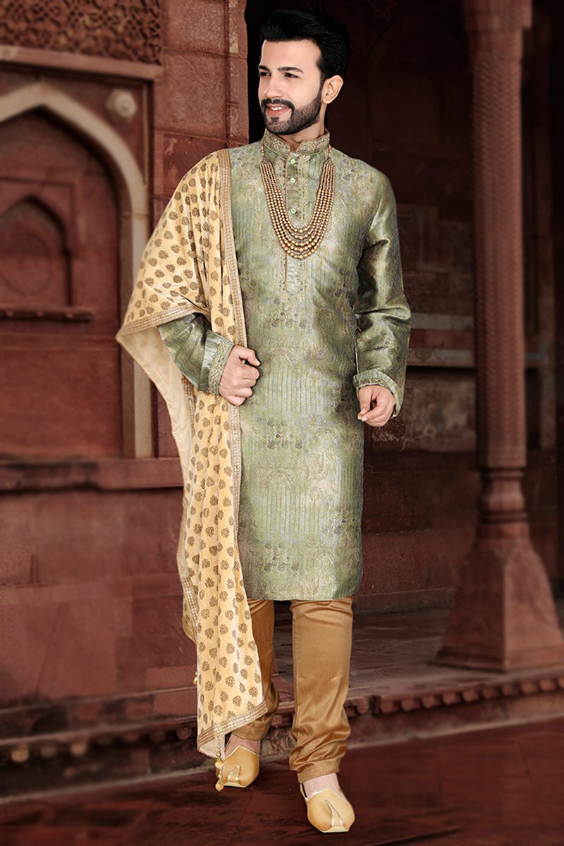 In Style Woven Greenish Grey Men Kurta Pajama MKPA0809