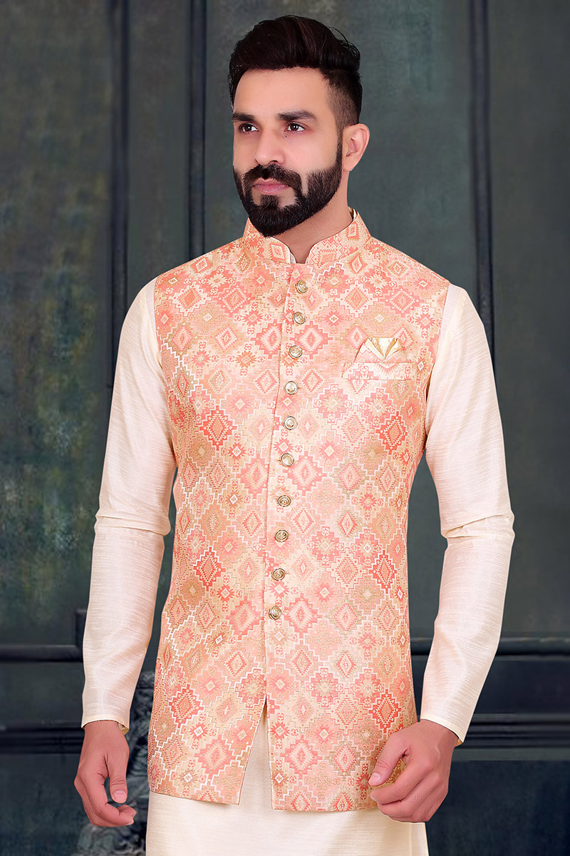 Woven Jacquard Salmon Peach Men s Nehru Jacket