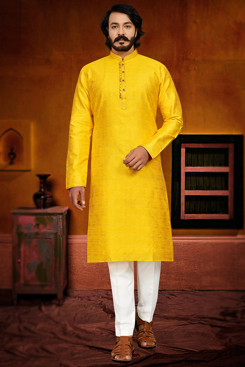 Woven Jacquard Yellow Men Kurta Pajama