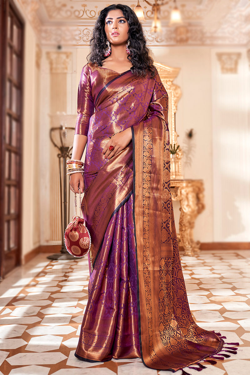 Zari Work Purple Saree in Silk for Wedding