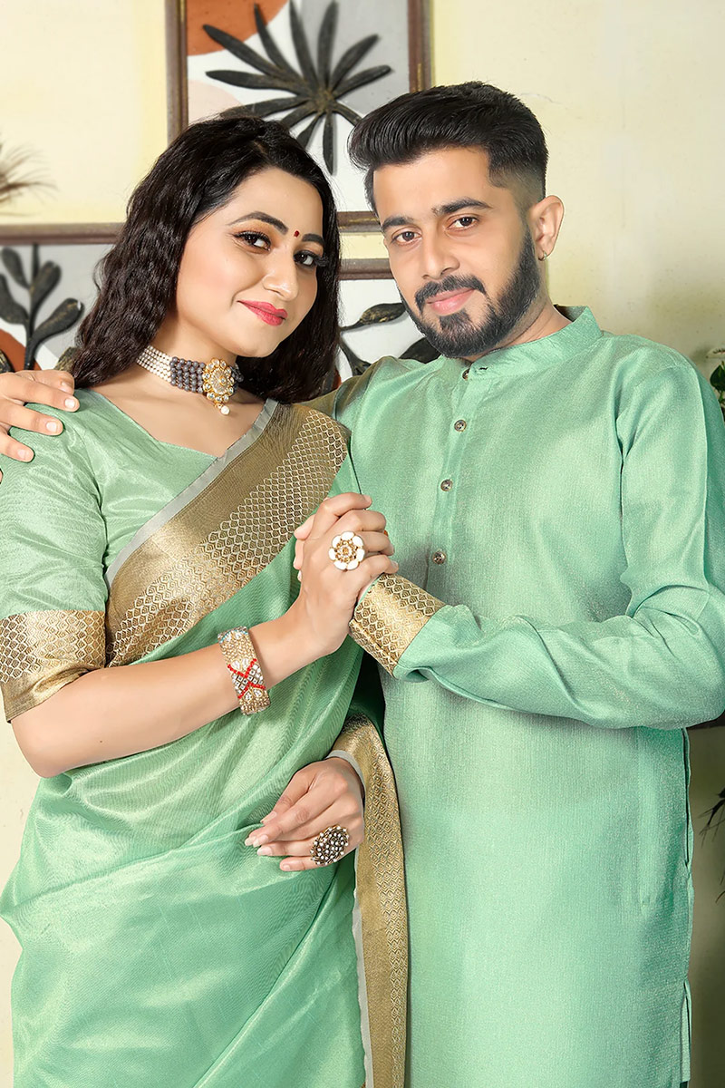 Woven Zari Mint Green Silk Couple's Outfit|SARV168353