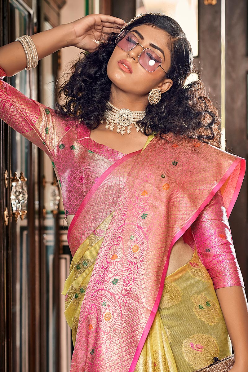 Festival Attire Woven Zari Organza Trombone Yellow Saree|SARV146845