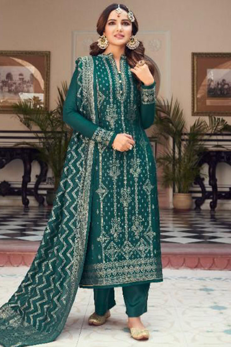 Sexy Trouser Suit in Peacock Green Woven Zari Fabric LSTV114509 Sexy Trouser Suit in Peacock Green Woven Zari Fabric LSTV114509