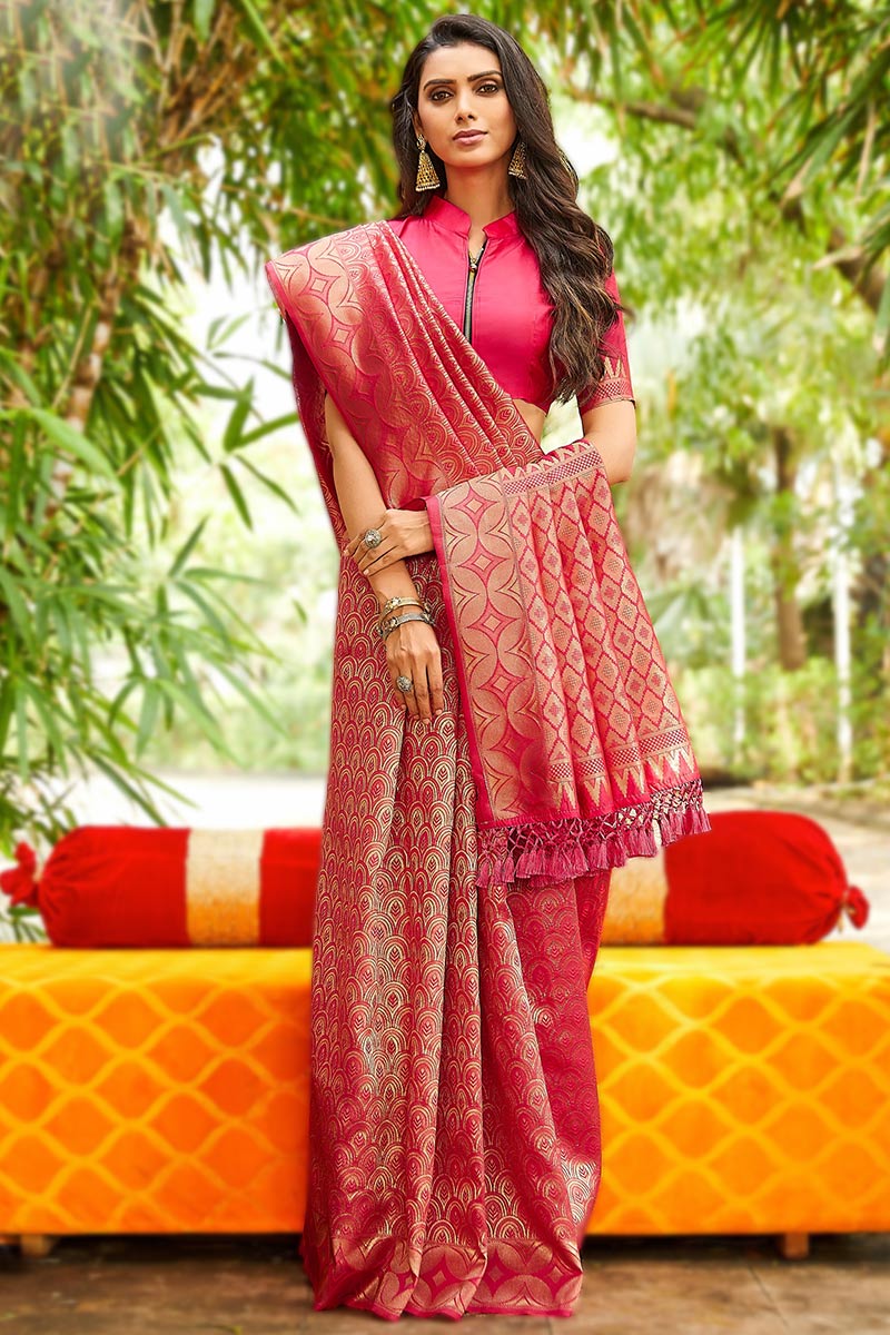 Woven Zari Silk Cerise Pink Wedding Saree