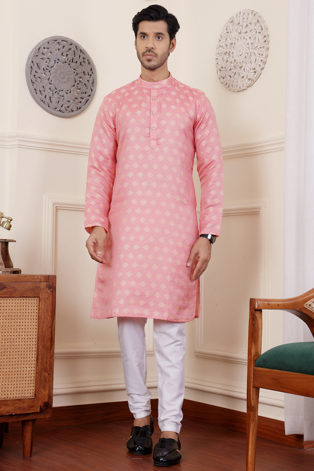 Woven Zari Silk Light Pink Men's Straight Cut Kurta Pajama MKPA08055
