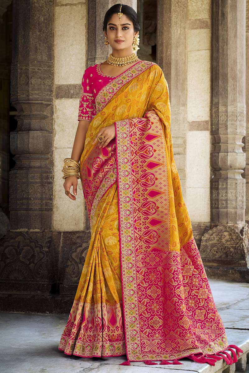 Woven Zari Silk Mustard Yellow Indian Traditional Saree