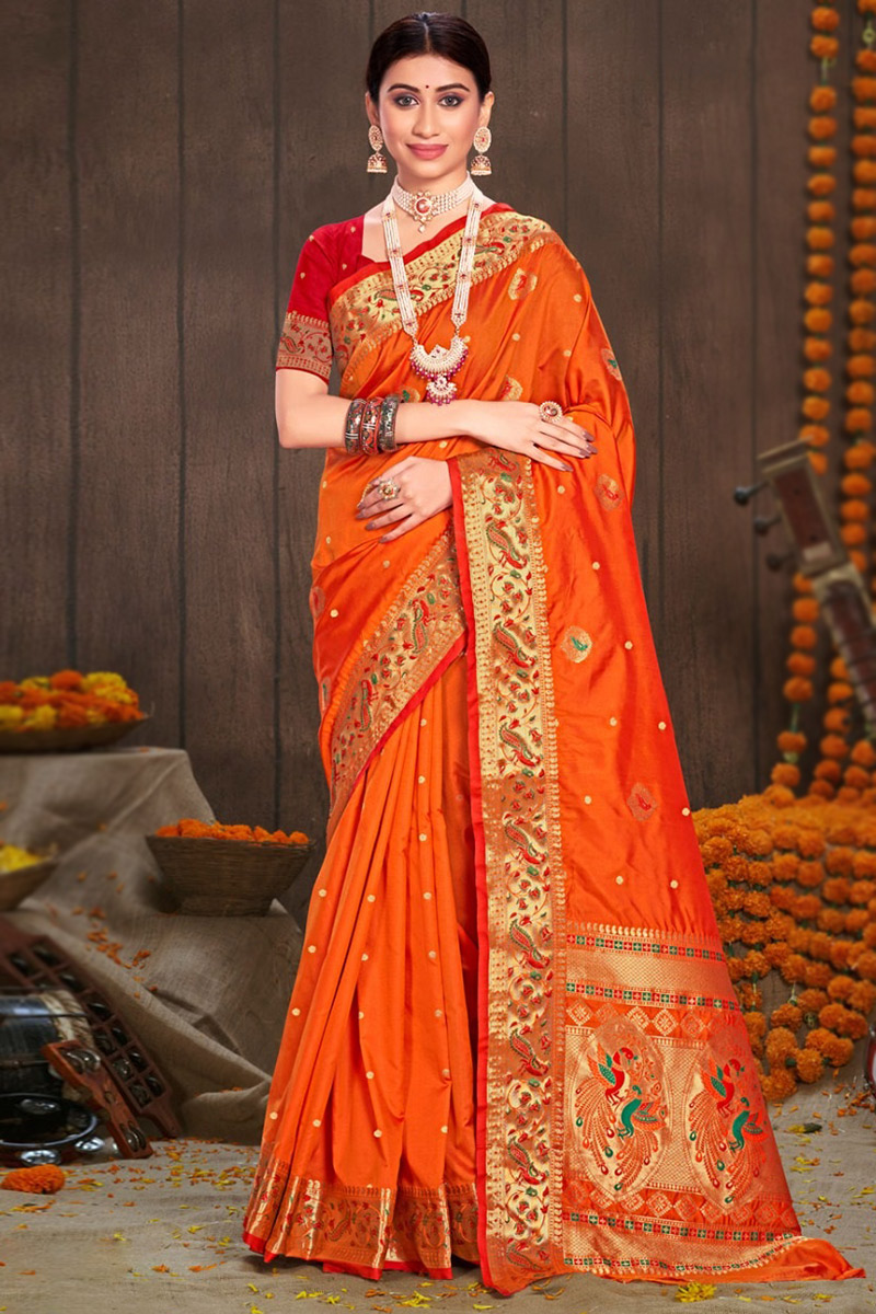 Party Wear Zari Embroidered Orange Indian Saree in Silk