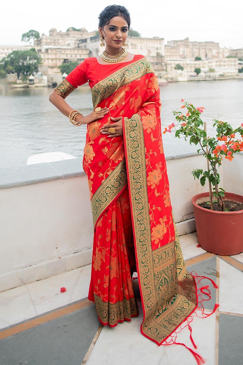 Sari Robe Order Online Woven Zari Silk Rust Orange Saree|SARV123627