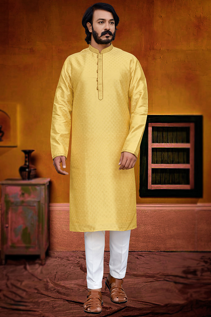 Men Kurta Pajama Silk Yellow with Weaved Thread Work for Wedding